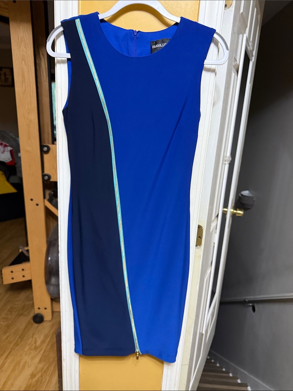 Frank Lyman Design Cobalt Blue Colorblock Sheath Dress Gold Zip Detail Size 4